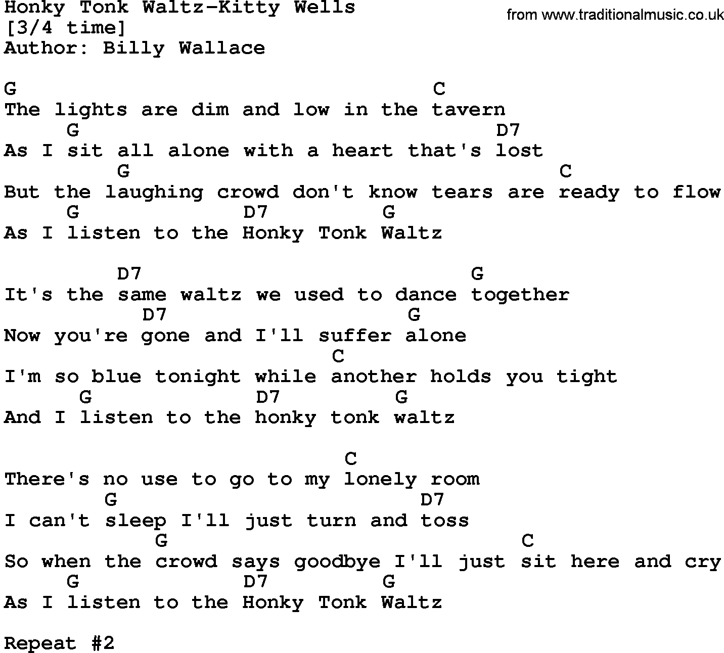 Country music song: Honky Tonk Waltz-Kitty Wells lyrics and chords