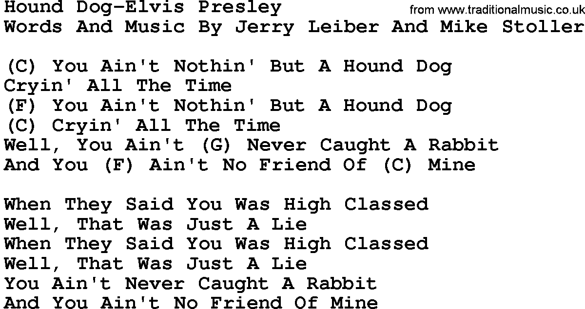 Country music song: Hound Dog-Elvis Presley lyrics and chords