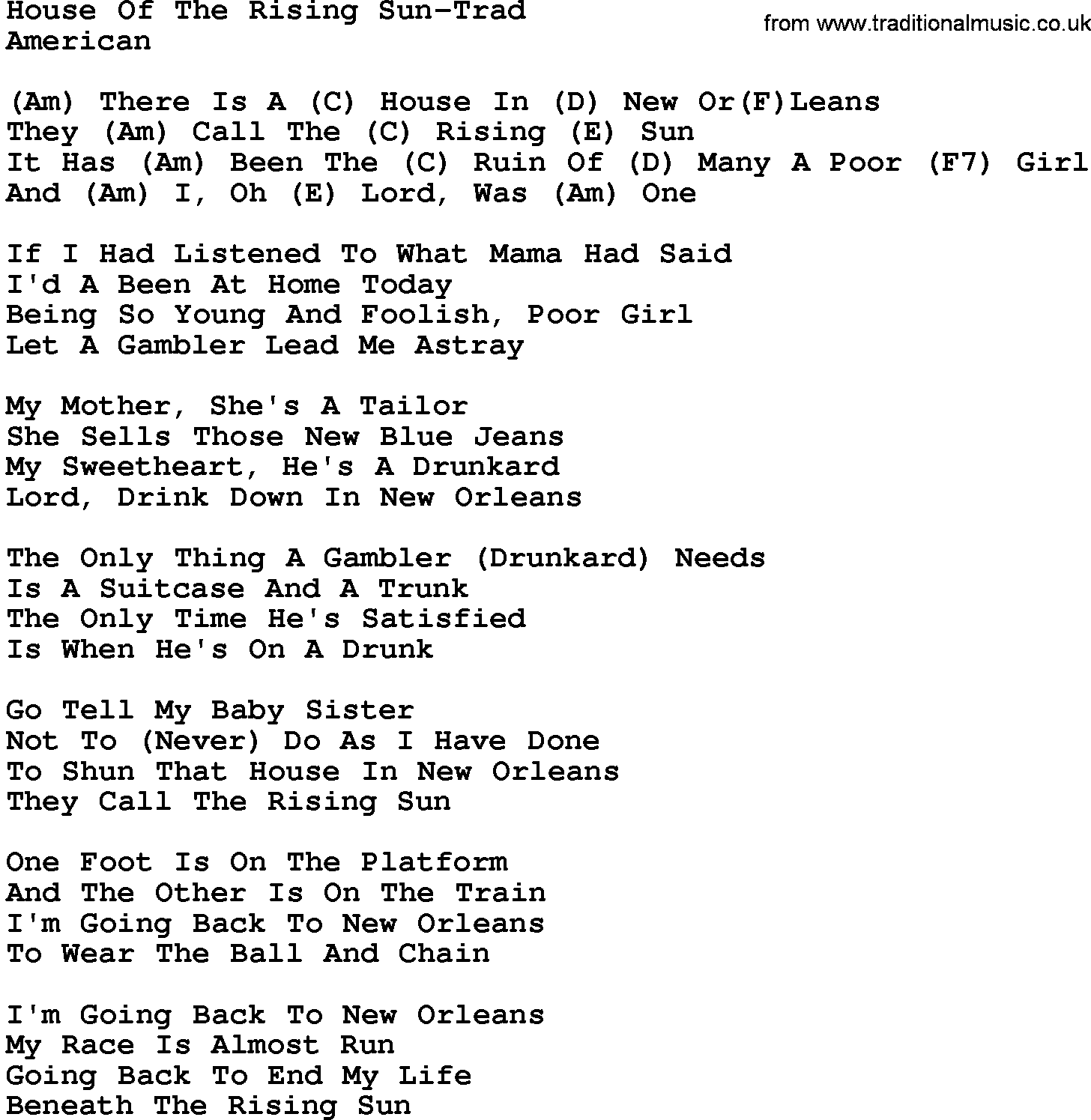 Country music song: House Of The Rising Sun-Trad lyrics and chords