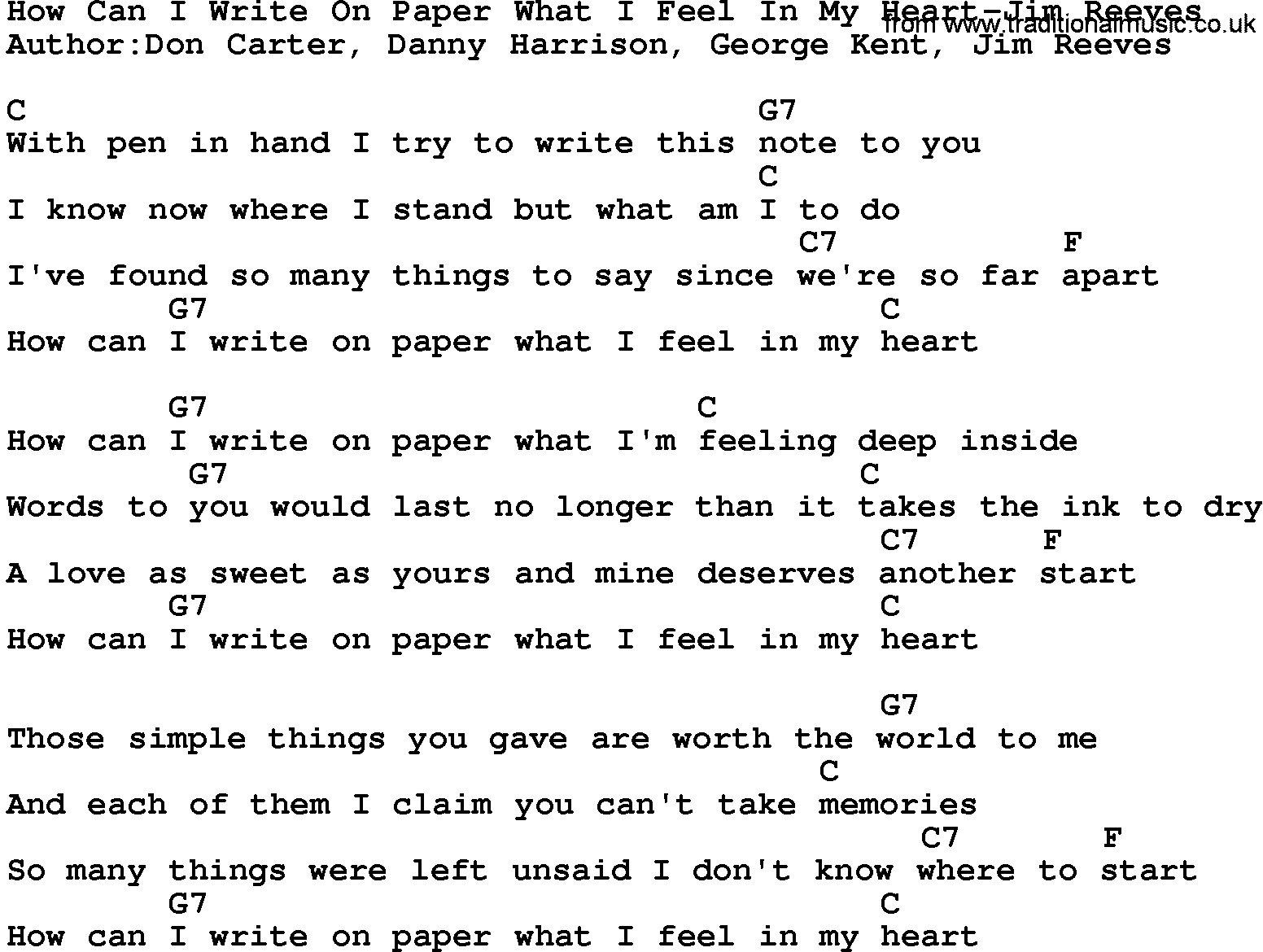 Country music song: How Can I Write On Paper What I Feel In My Heart-Jim Reeves lyrics and chords