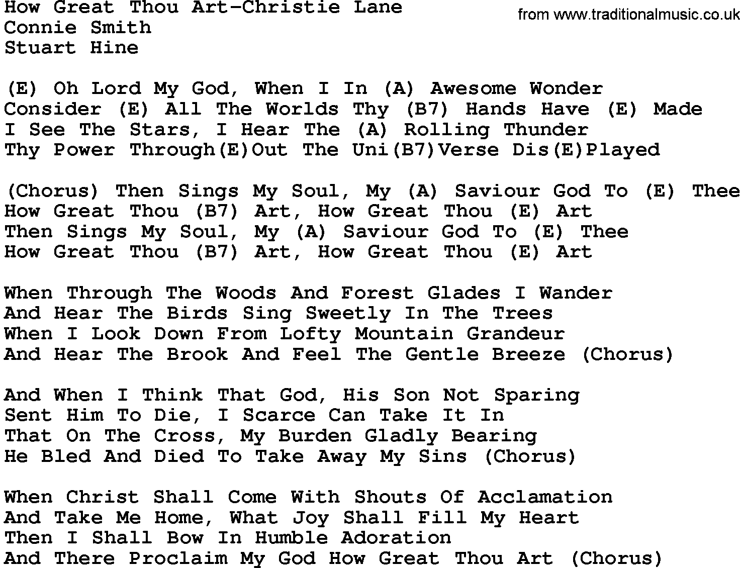 Country music song: How Great Thou Art-Christie Lane lyrics and chords