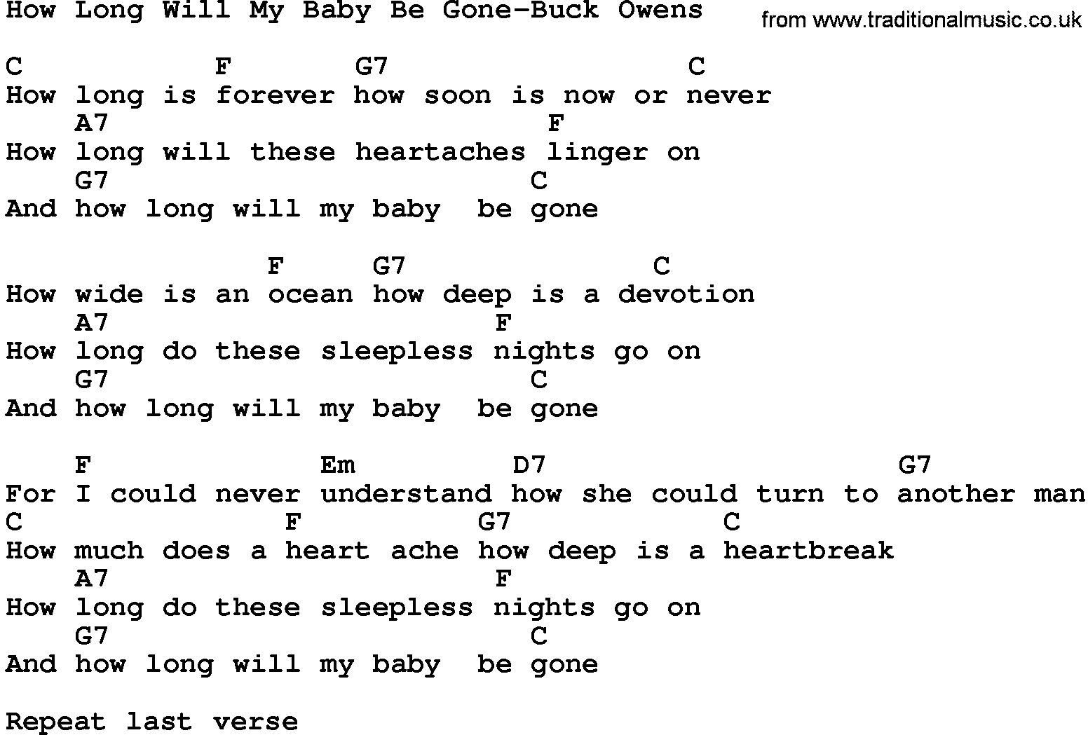 Country music song: How Long Will My Baby Be Gone-Buck Owens lyrics and chords