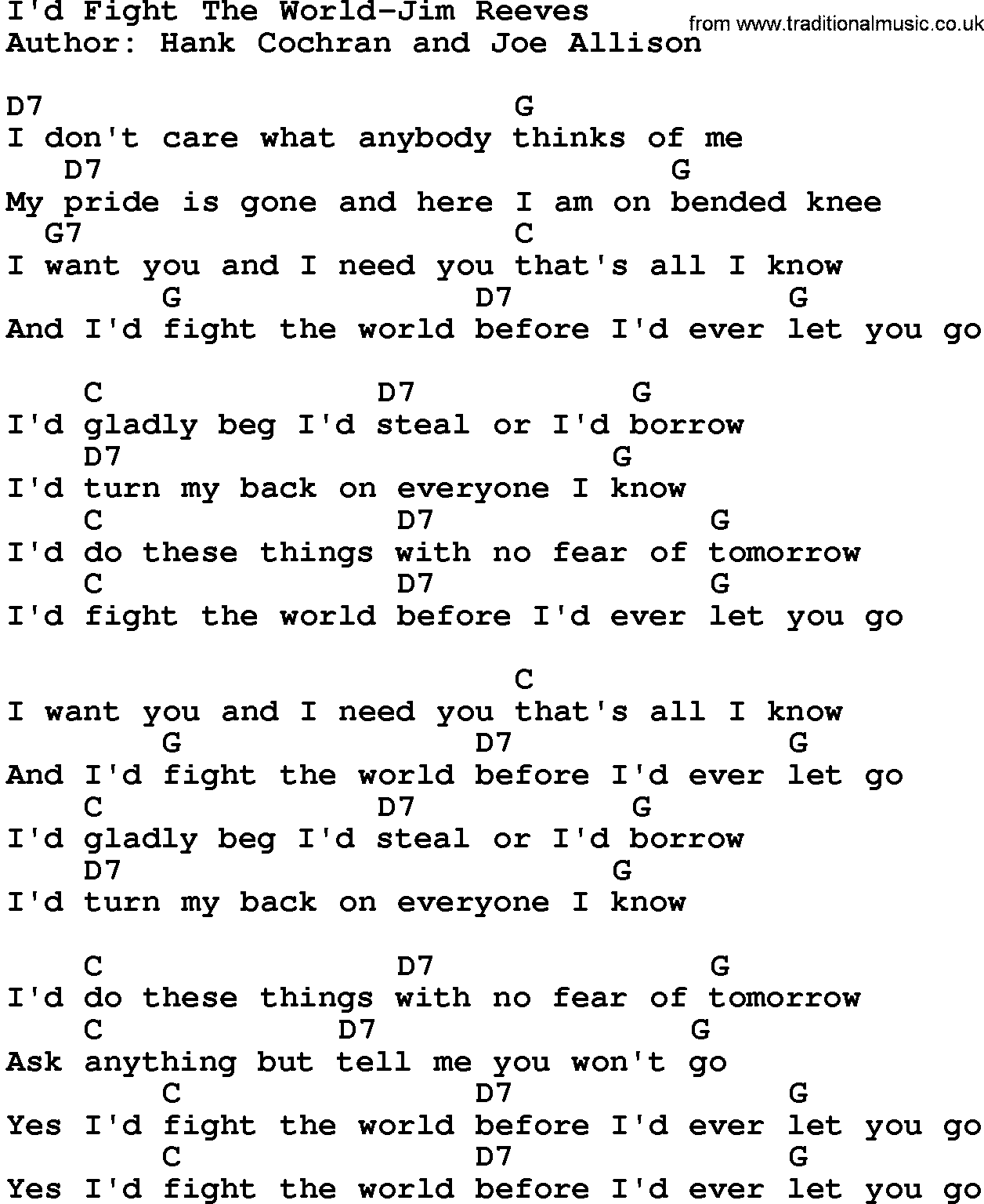 Country music song: I'd Fight The World-Jim Reeves lyrics and chords