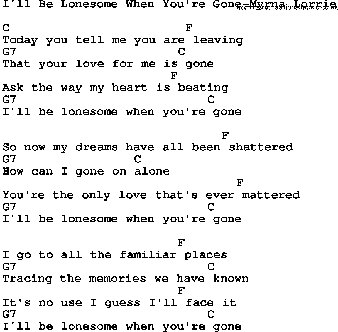 Country music song: I'll Be Lonesome When You're Gone-Myrna Lorrie lyrics and chords