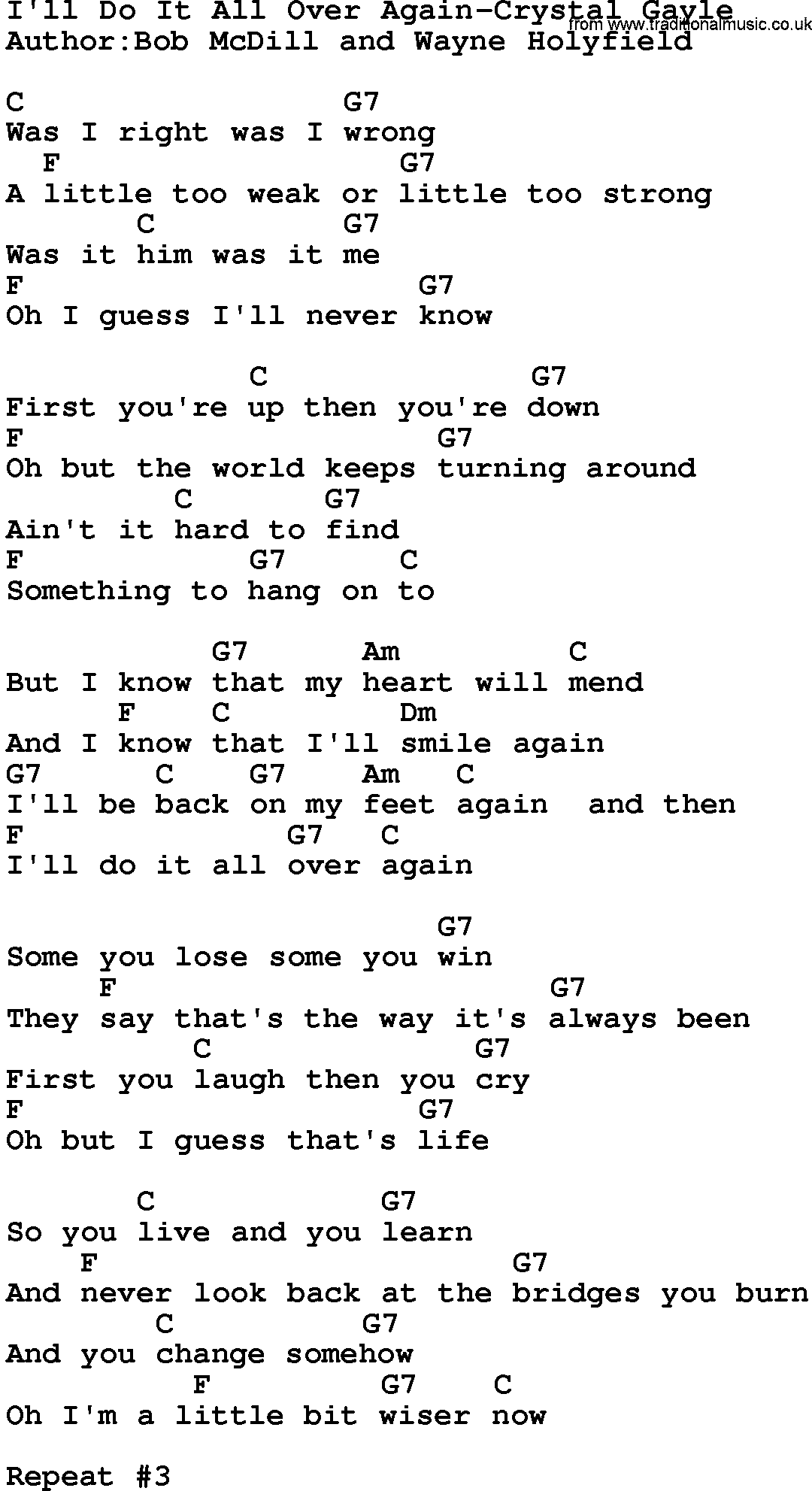 Country music song: I'll Do It All Over Again-Crystal Gayle lyrics and chords