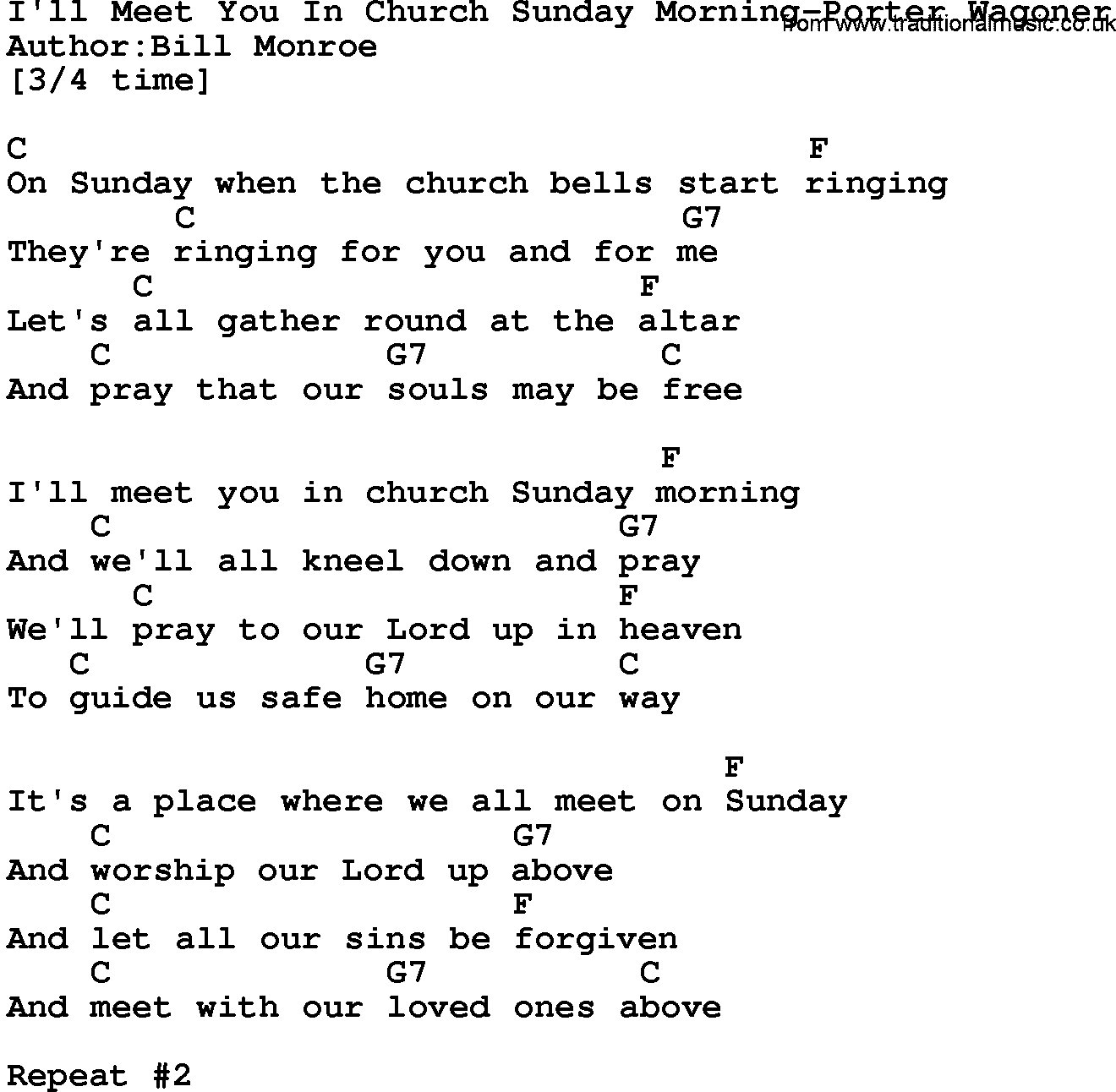Country music song: I'll Meet You In Church Sunday Morning-Porter Wagoner lyrics and chords