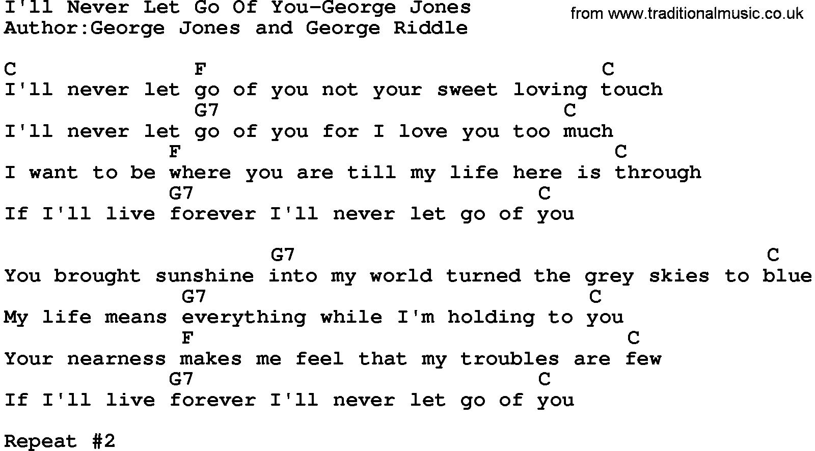 Country music song: I'll Never Let Go Of You-George Jones lyrics and chords