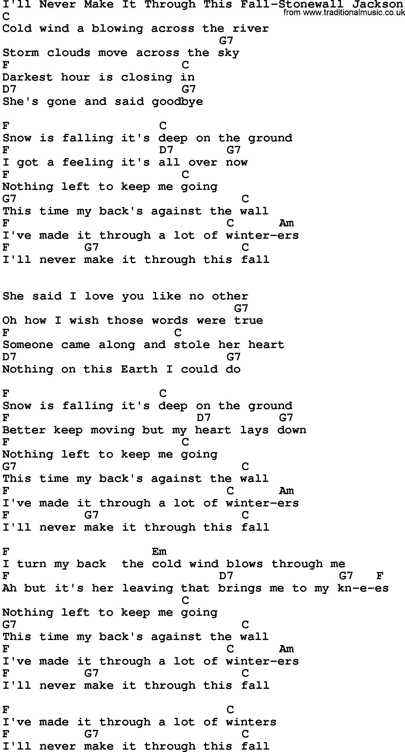 Country music song: I'll Never Make It Through This Fall-Stonewall Jackson lyrics and chords
