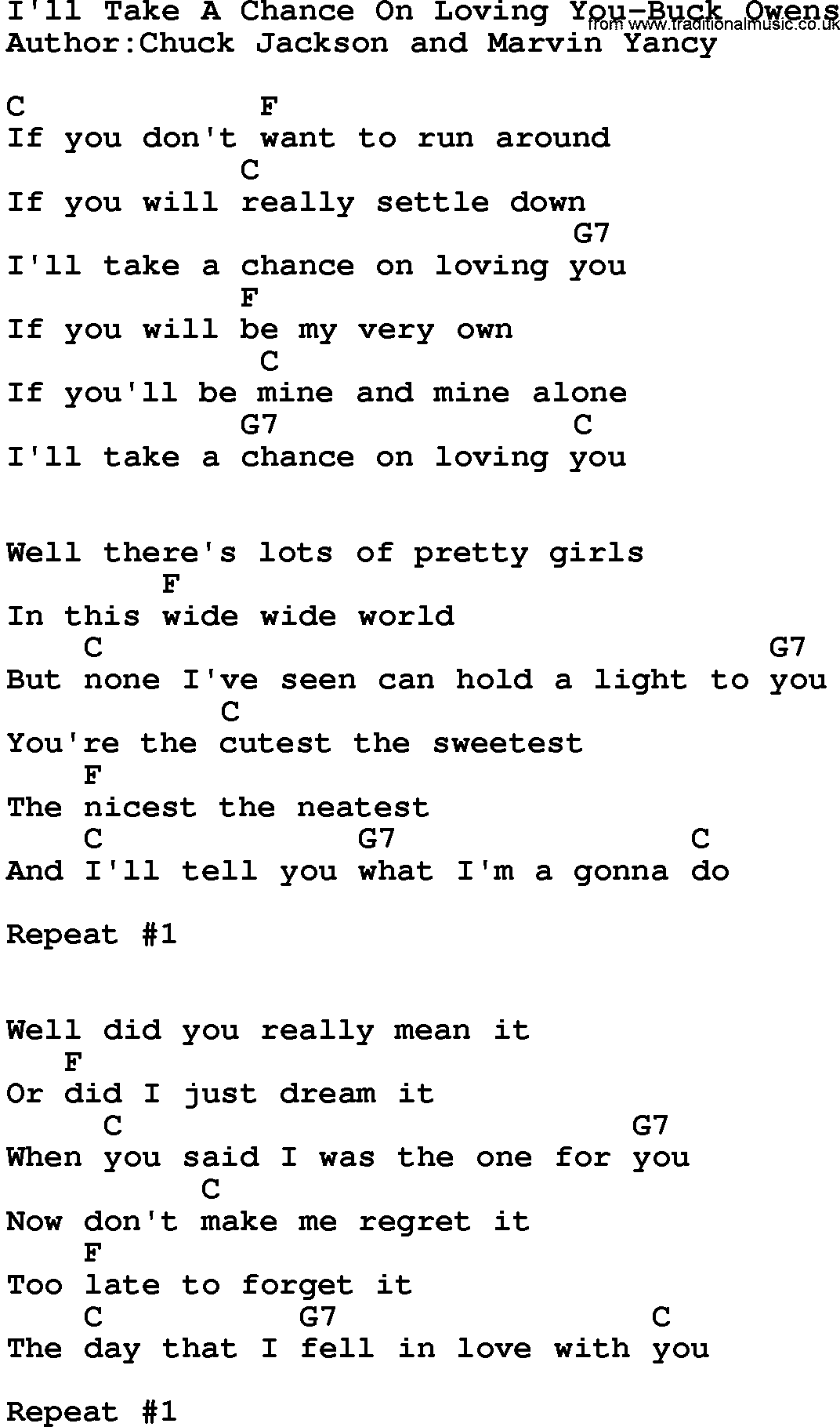 Country music song: I'll Take A Chance On Loving You-Buck Owens lyrics and chords