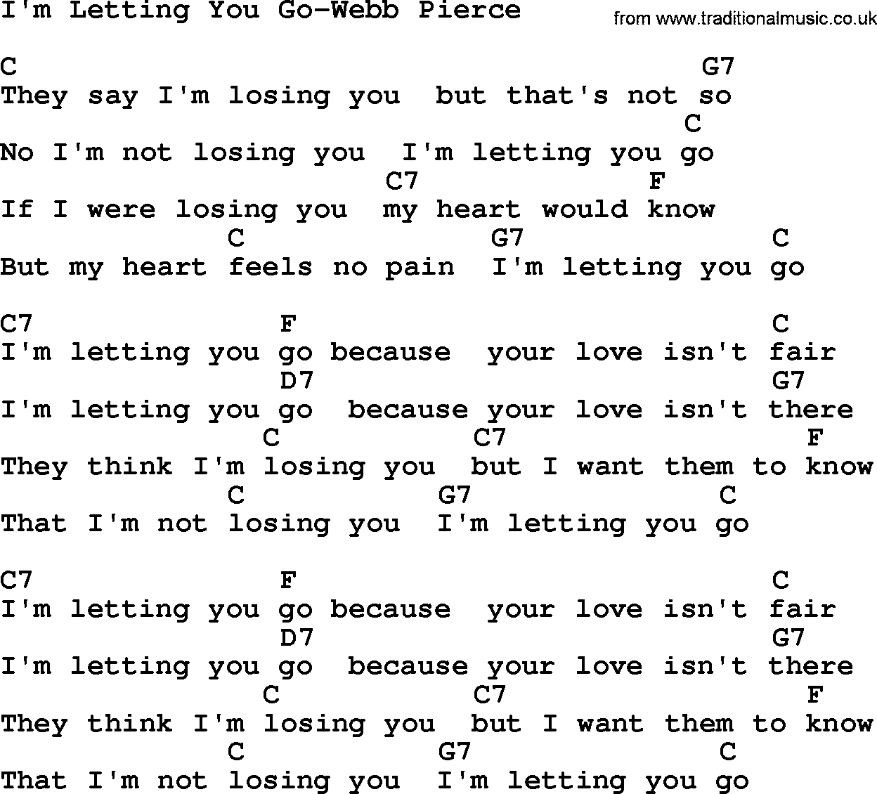Country music song: I'm Letting You Go-Webb Pierce lyrics and chords
