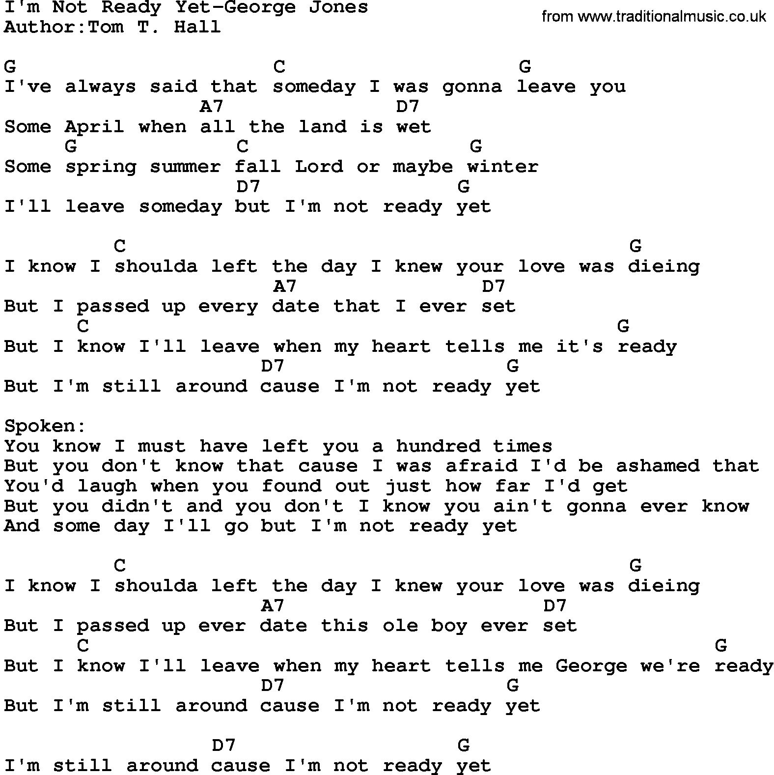 Country music song: I'm Not Ready Yet-George Jones lyrics and chords