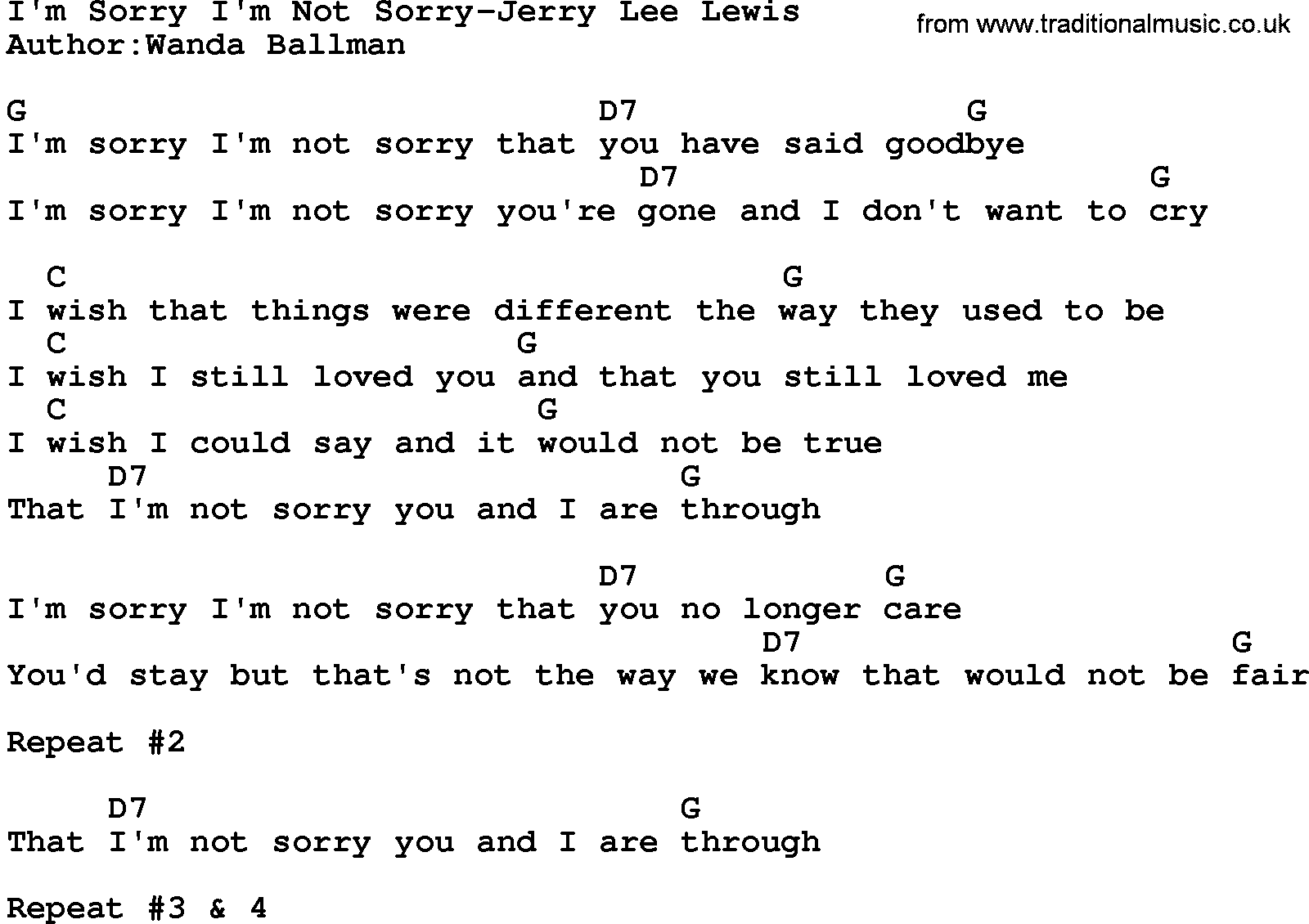 Country music song: I'm Sorry I'm Not Sorry-Jerry Lee Lewis lyrics and chords