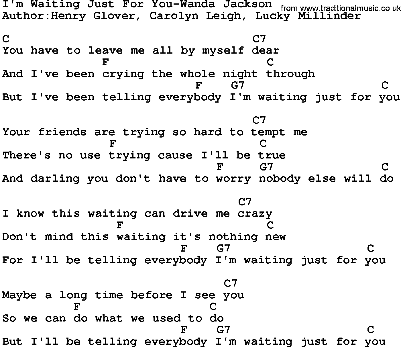 Country music song: I'm Waiting Just For You-Wanda Jackson lyrics and chords