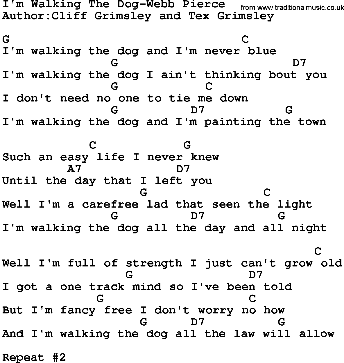 Country music song: I'm Walking The Dog-Webb Pierce lyrics and chords