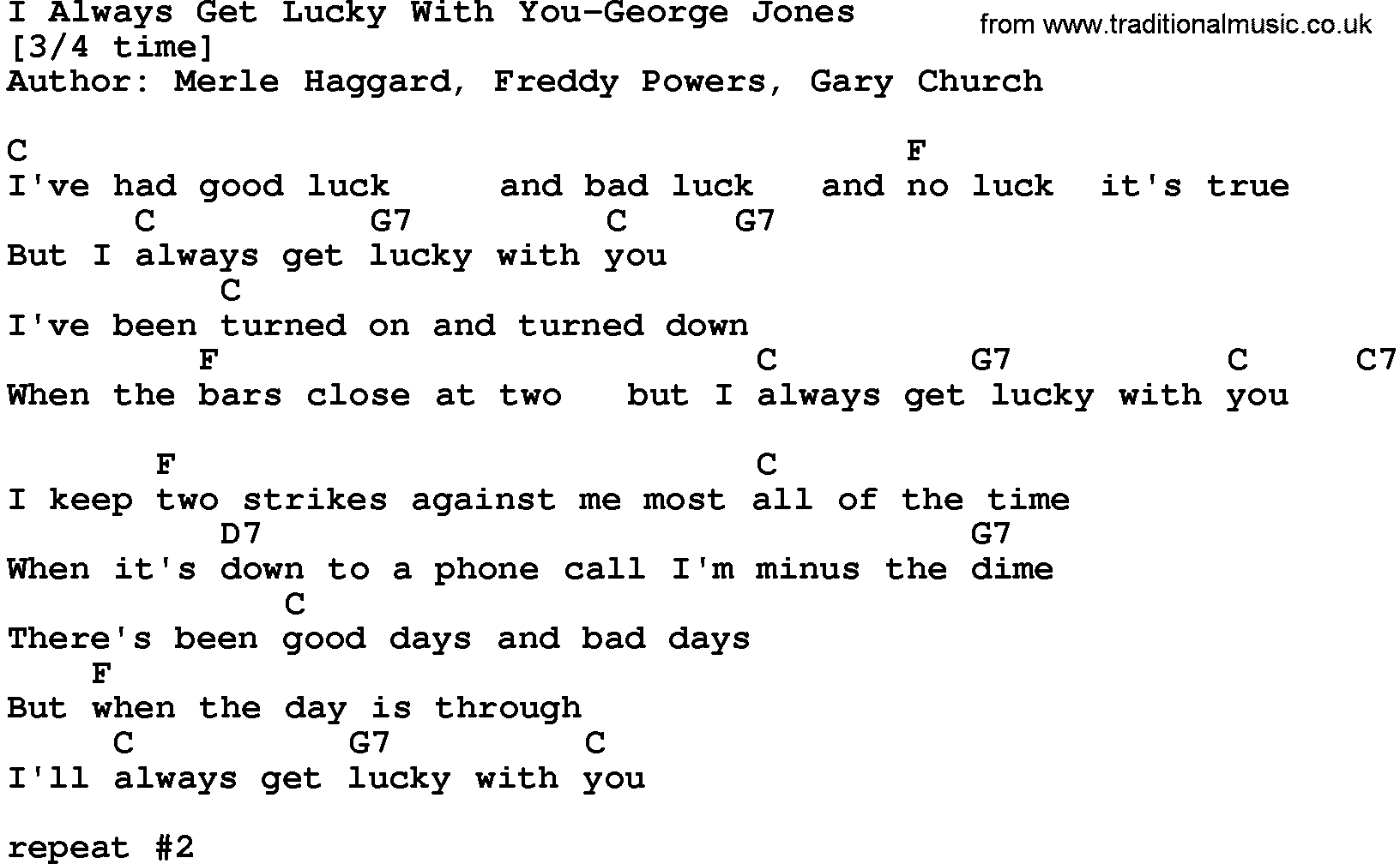 Country music song: I Always Get Lucky With You-George Jones lyrics and chords