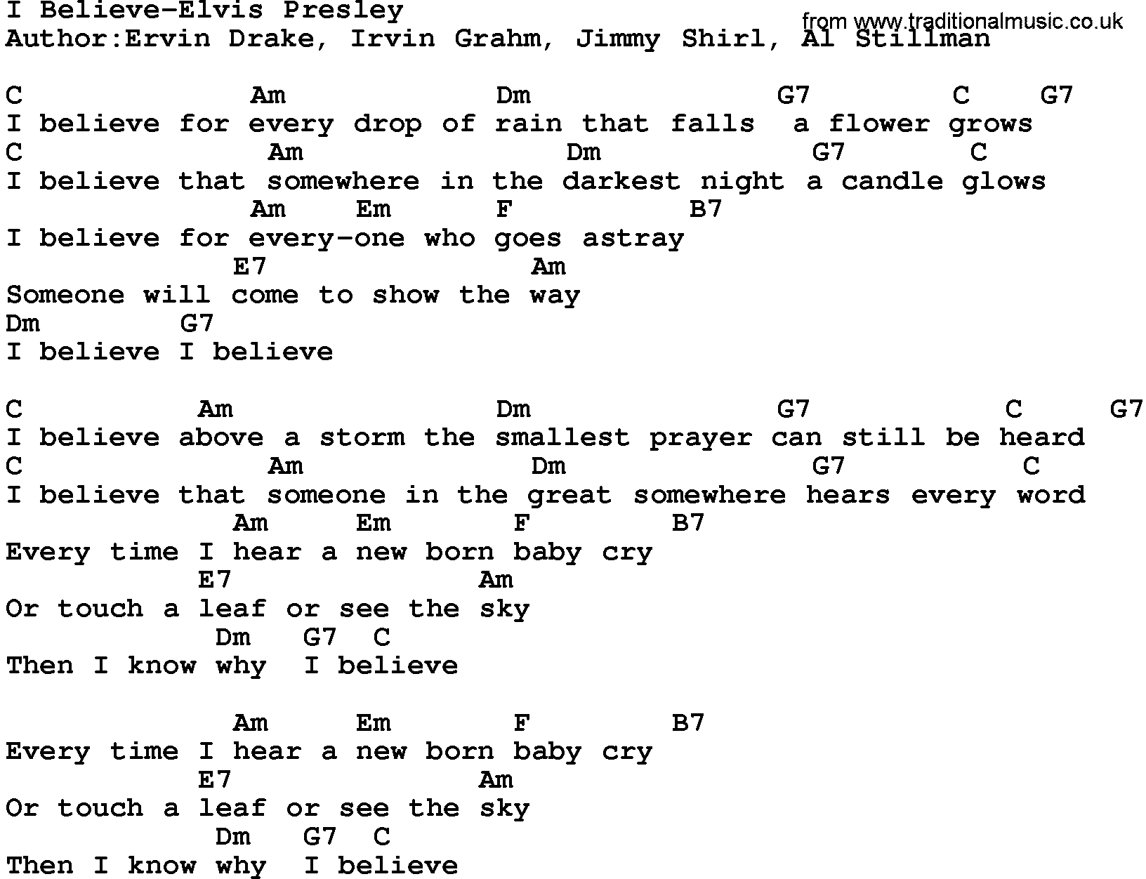 Country music song: I Believe-Elvis Presley lyrics and chords