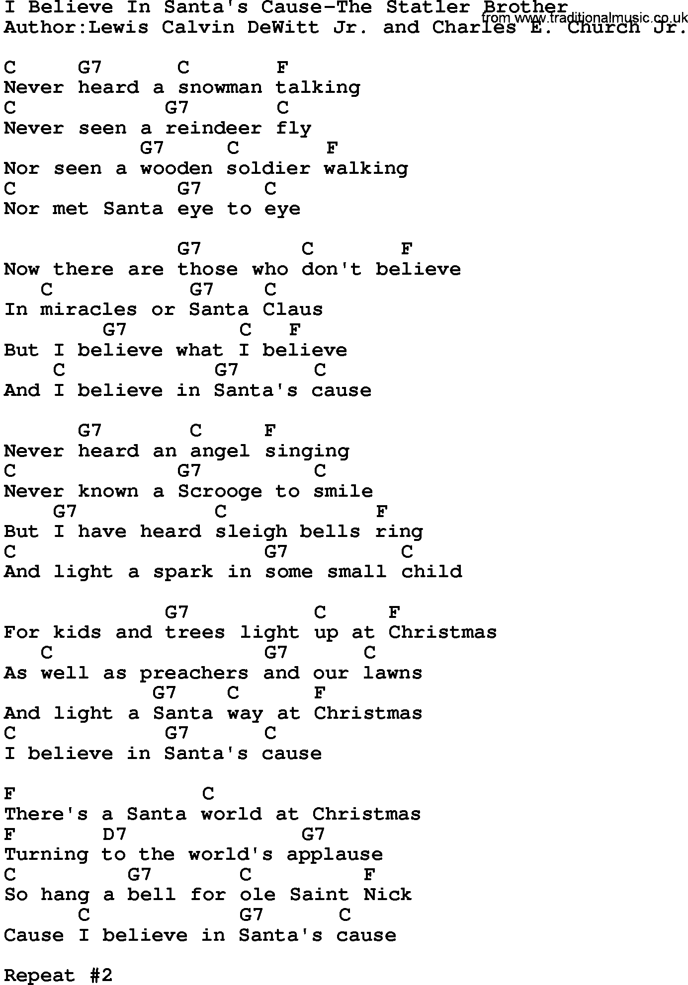 Country music song: I Believe In Santa's Cause-The Statler Brother lyrics and chords