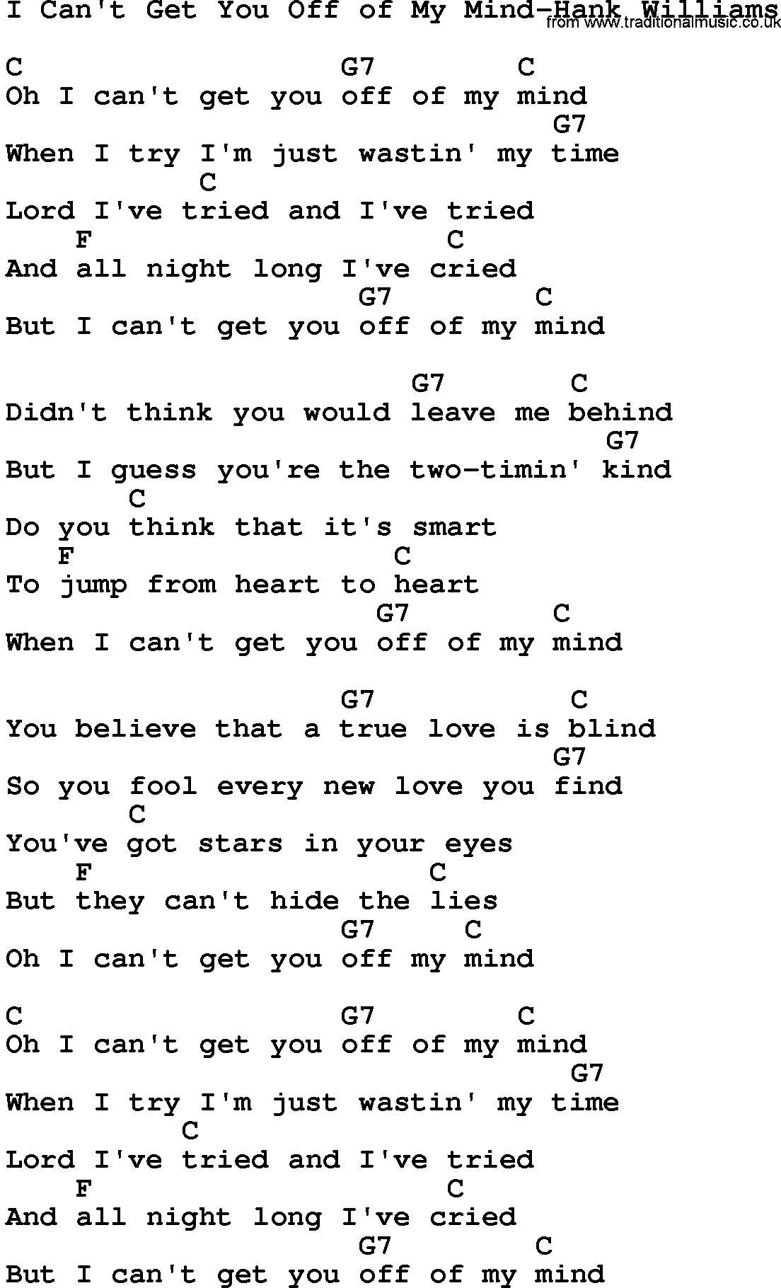 Country music song: I Can't Get You Off Of My Mind-Hank Williams lyrics and chords