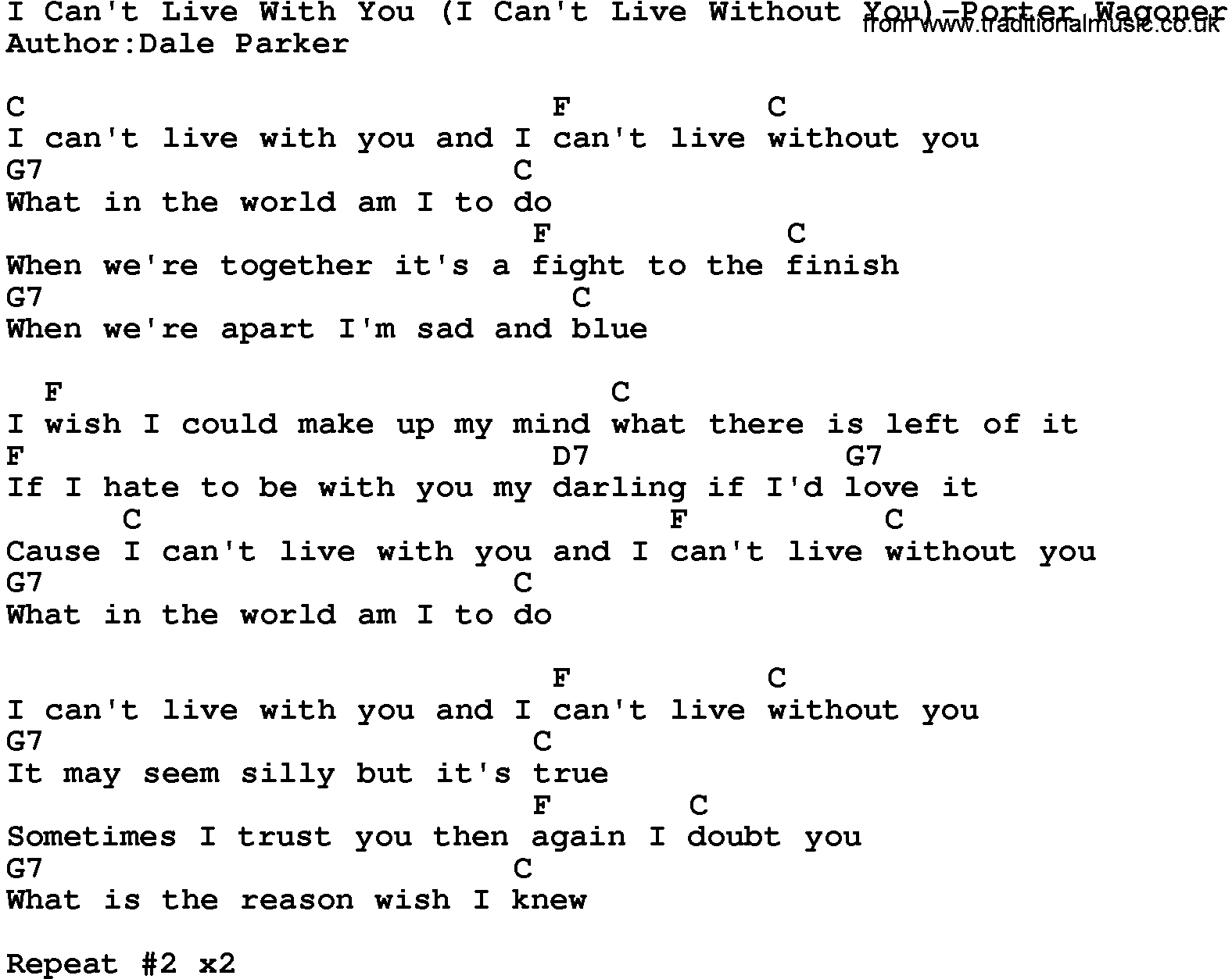 Country music song: I Can't Live With You(I Can't Live Without You)-Porter Wagoner lyrics and chords