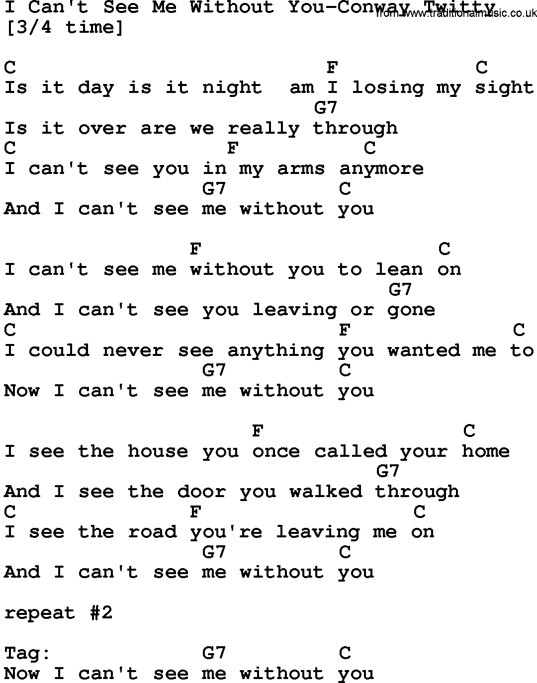 Country music song: I Can't See Me Without You-Conway Twitty lyrics and chords