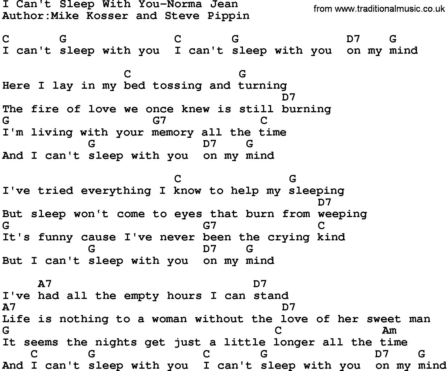 Country music song: I Can't Sleep With You-Norma Jean lyrics and chords