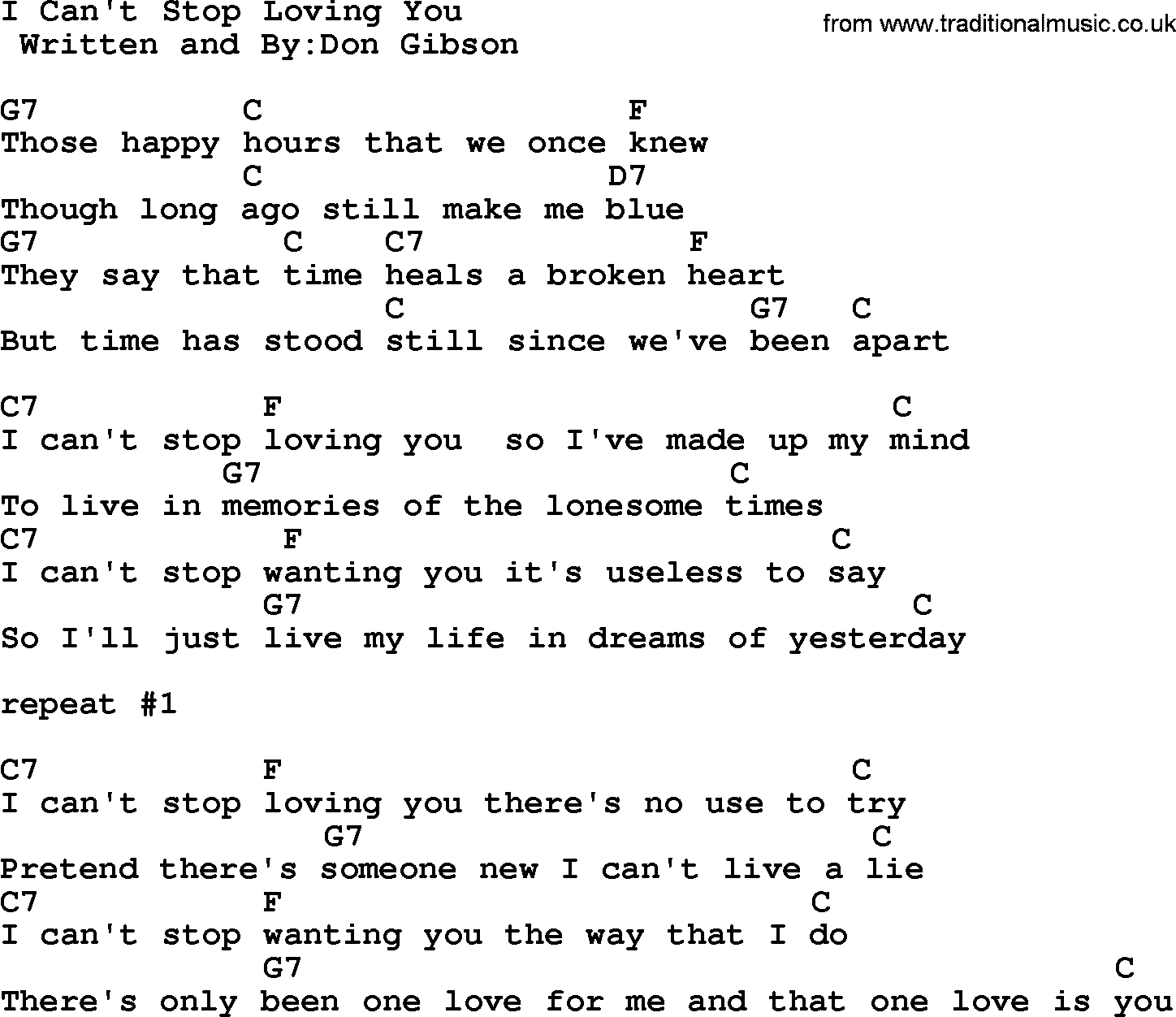 Country music song: I Can't Stop Loving You lyrics and chords