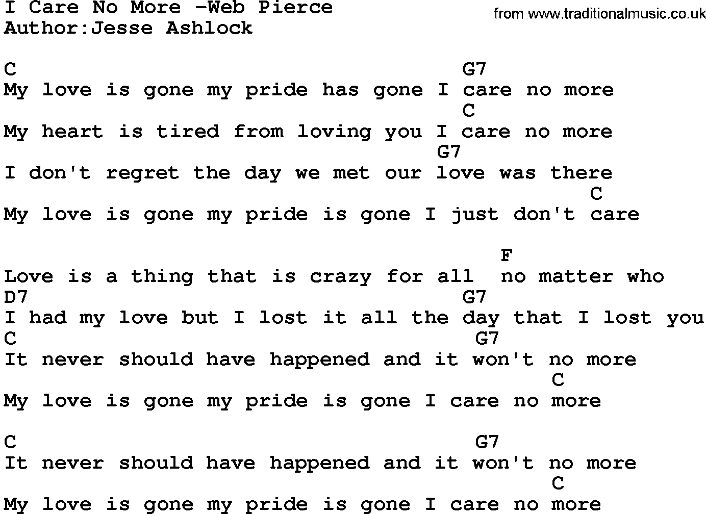 Country music song: I Care No More -Web Pierce lyrics and chords