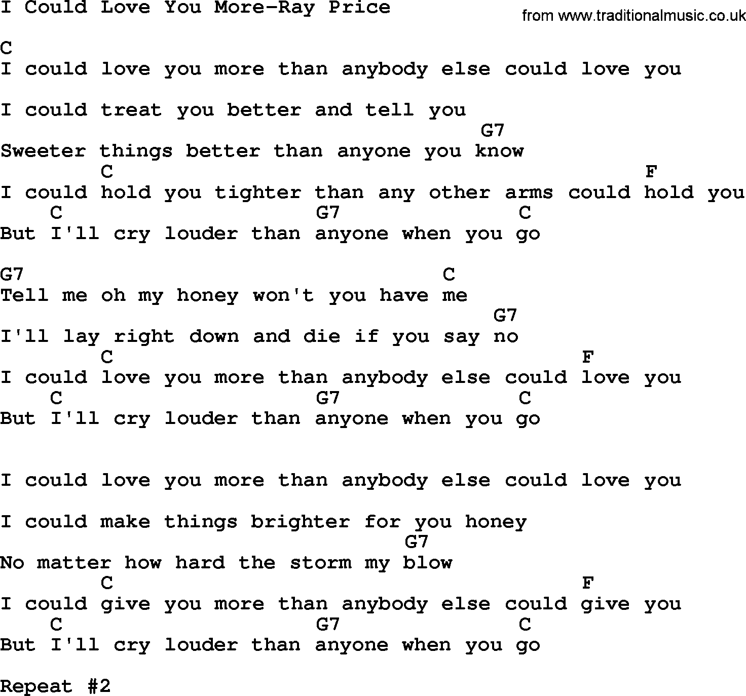 Country music song: I Could Love You More-Ray Price lyrics and chords
