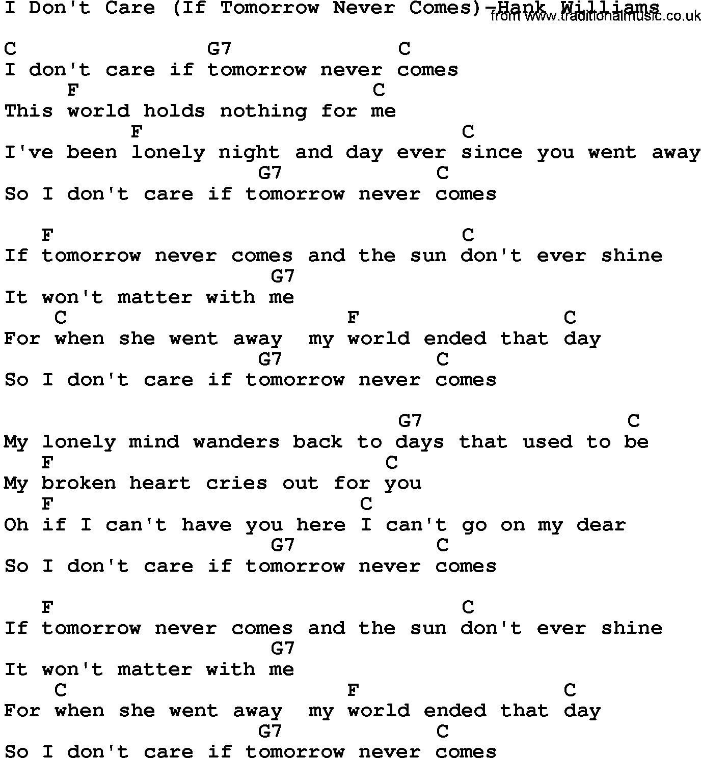 Country music song: I Don't Care(If Tomorrow Never Comes)-Hank Williams lyrics and chords