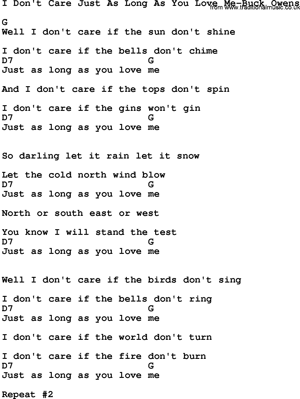 Country music song: I Don't Care Just As Long As You Love Me-Buck Owens lyrics and chords