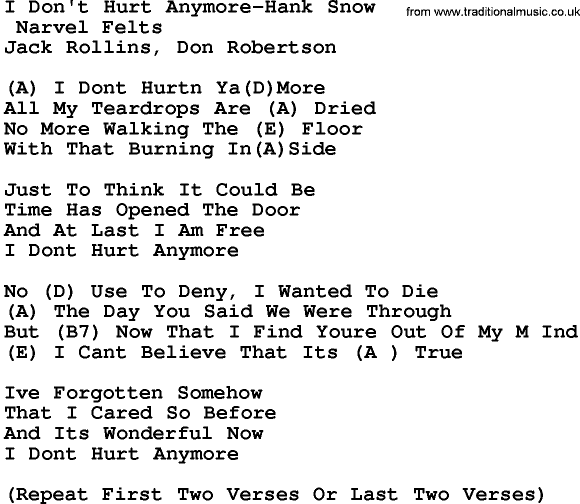 Country music song: I Don't Hurt Anymore-Hank Snow lyrics and chords