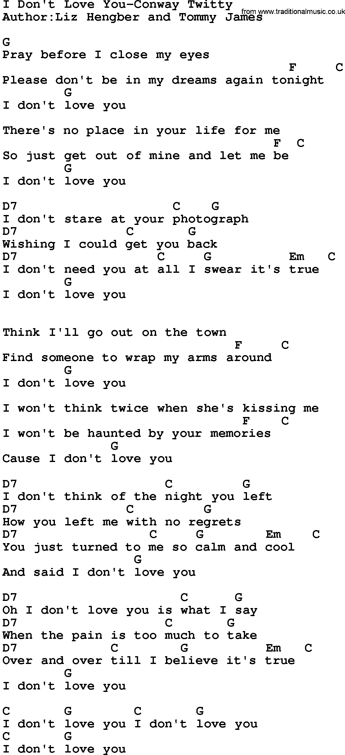 Country music song: I Don't Love You-Conway Twitty lyrics and chords