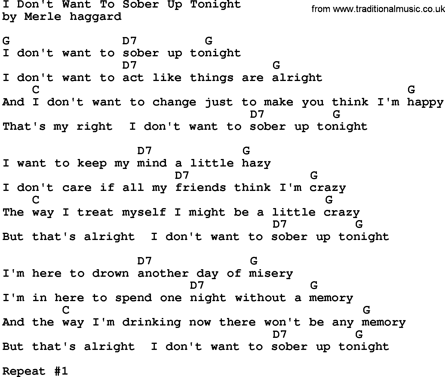 Country music song: I Don't Want To Sober Up Tonight lyrics and chords
