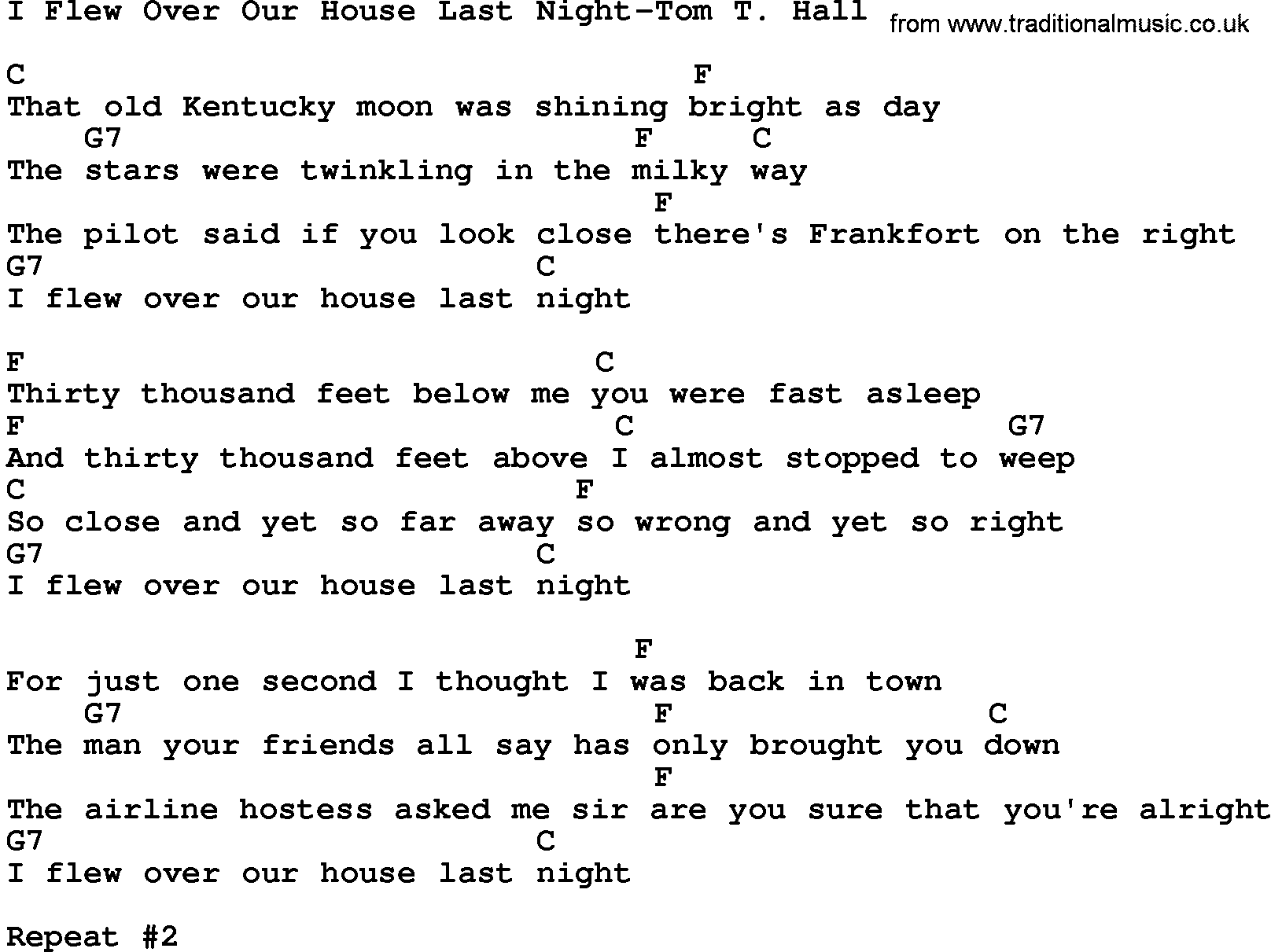 Country music song: I Flew Over Our House Last Night-Tom T Hall lyrics and chords