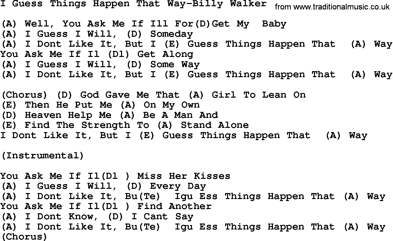 Country music song: I Guess Things Happen That Way-Billy Walker lyrics and chords