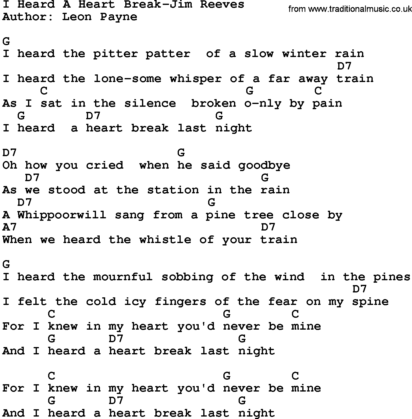 Country music song: I Heard A Heart Break-Jim Reeves lyrics and chords