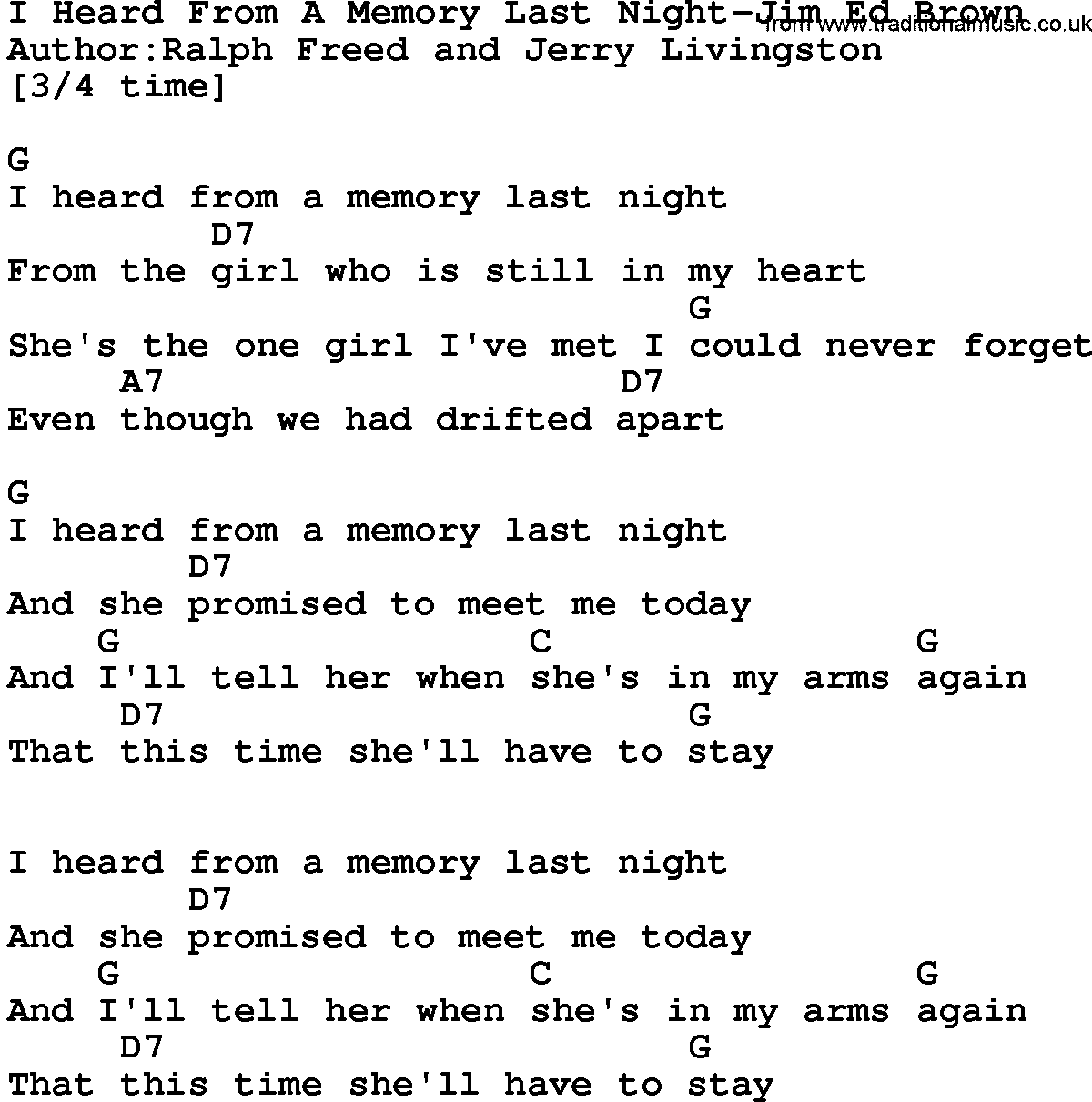 Country music song: I Heard From A Memory Last Night-Jim Ed Brown lyrics and chords