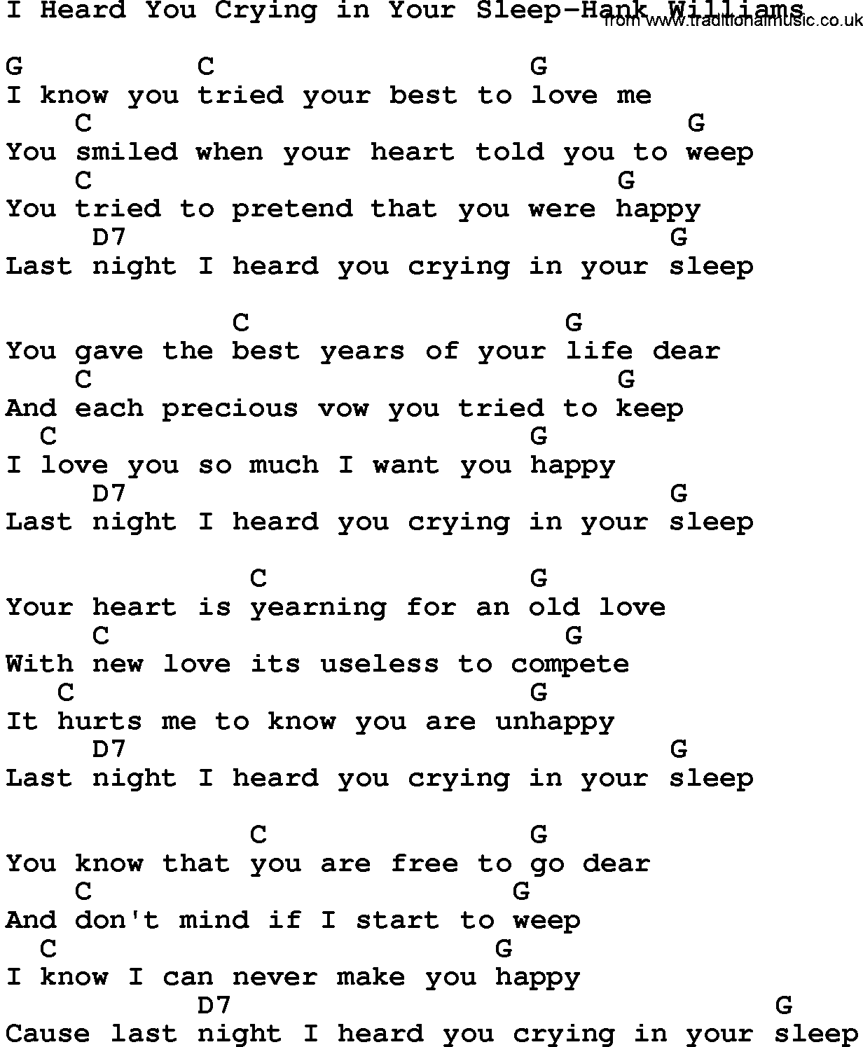Country music song: I Heard You Crying In Your Sleep-Hank Williams lyrics and chords