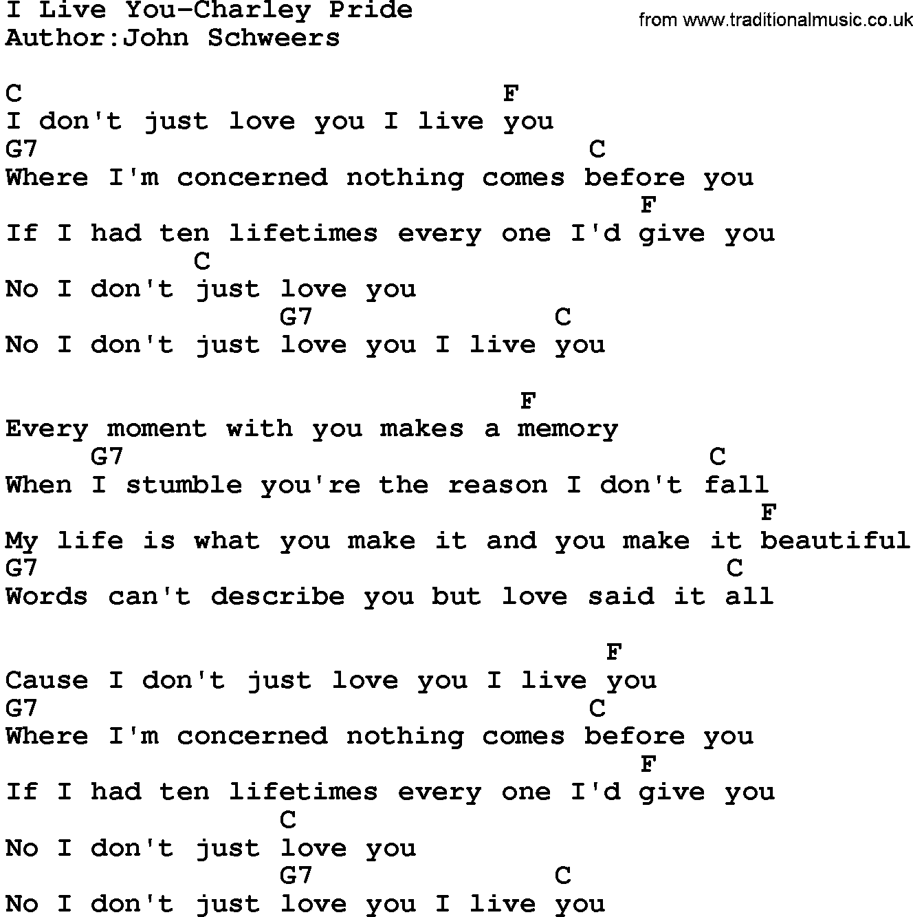 Country music song: I Live You-Charley Pride lyrics and chords