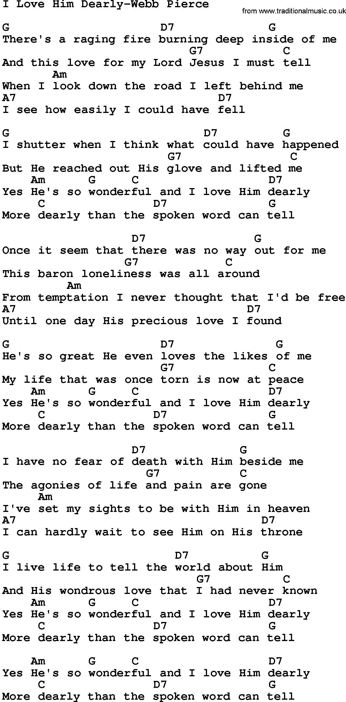 Country music song: I Love Him Dearly-Webb Pierce lyrics and chords