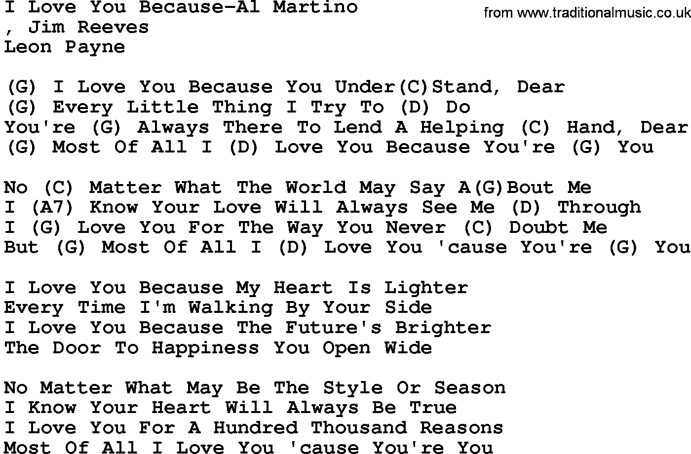 Country music song: I Love You Because-Al Martino lyrics and chords