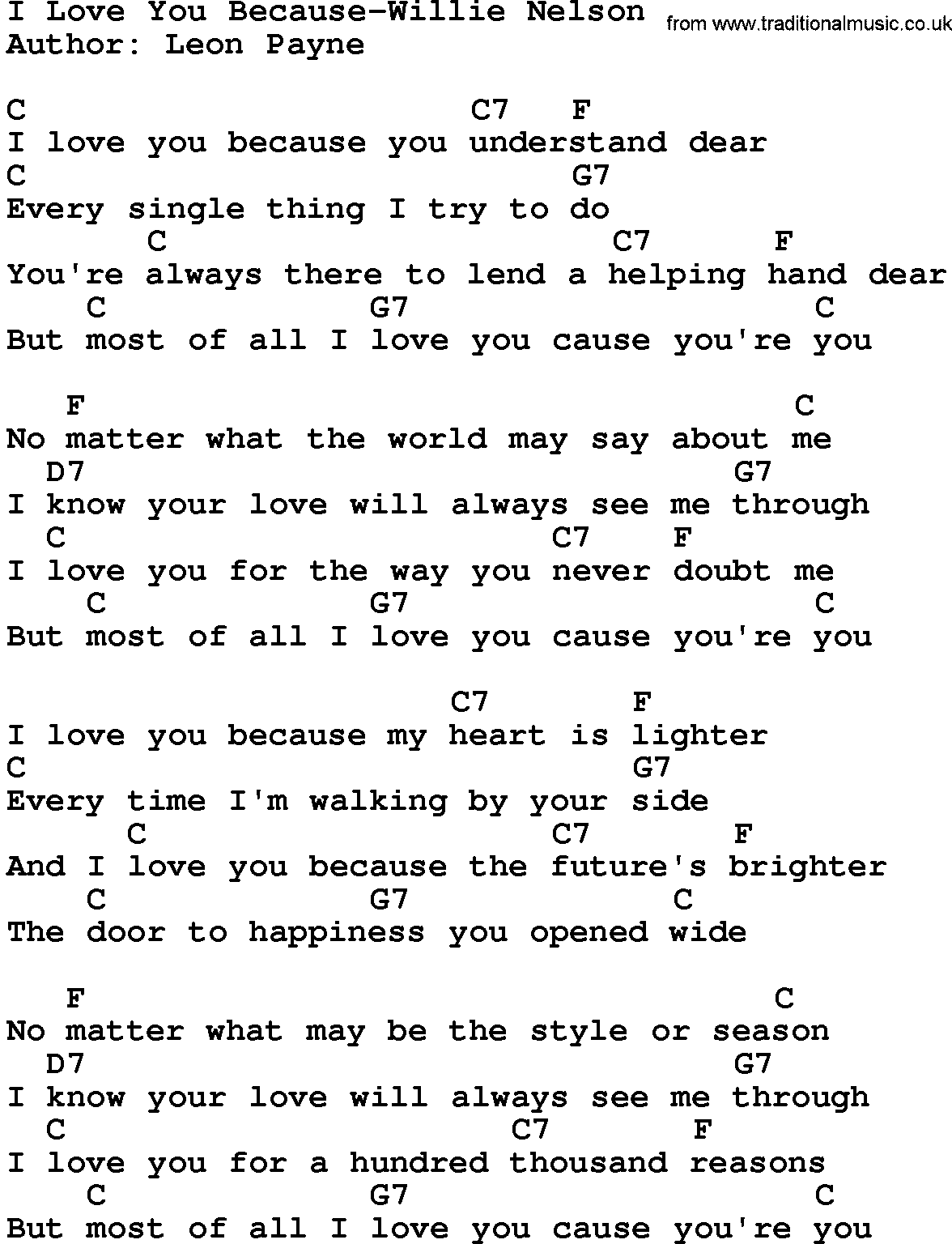 Country music song: I Love You Because-Willie Nelson lyrics and chords