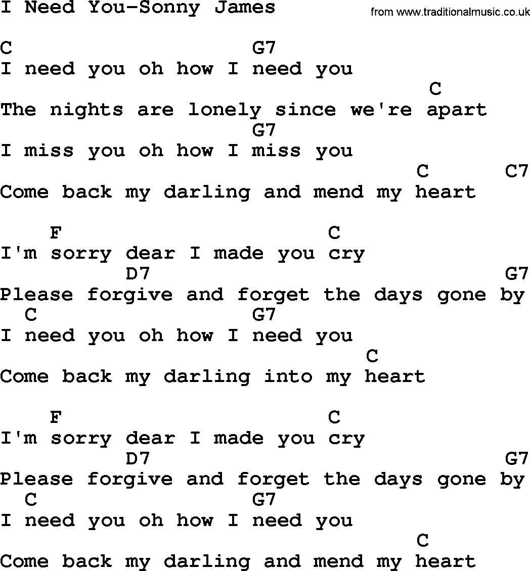 Country music song: I Need You-Sonny James lyrics and chords