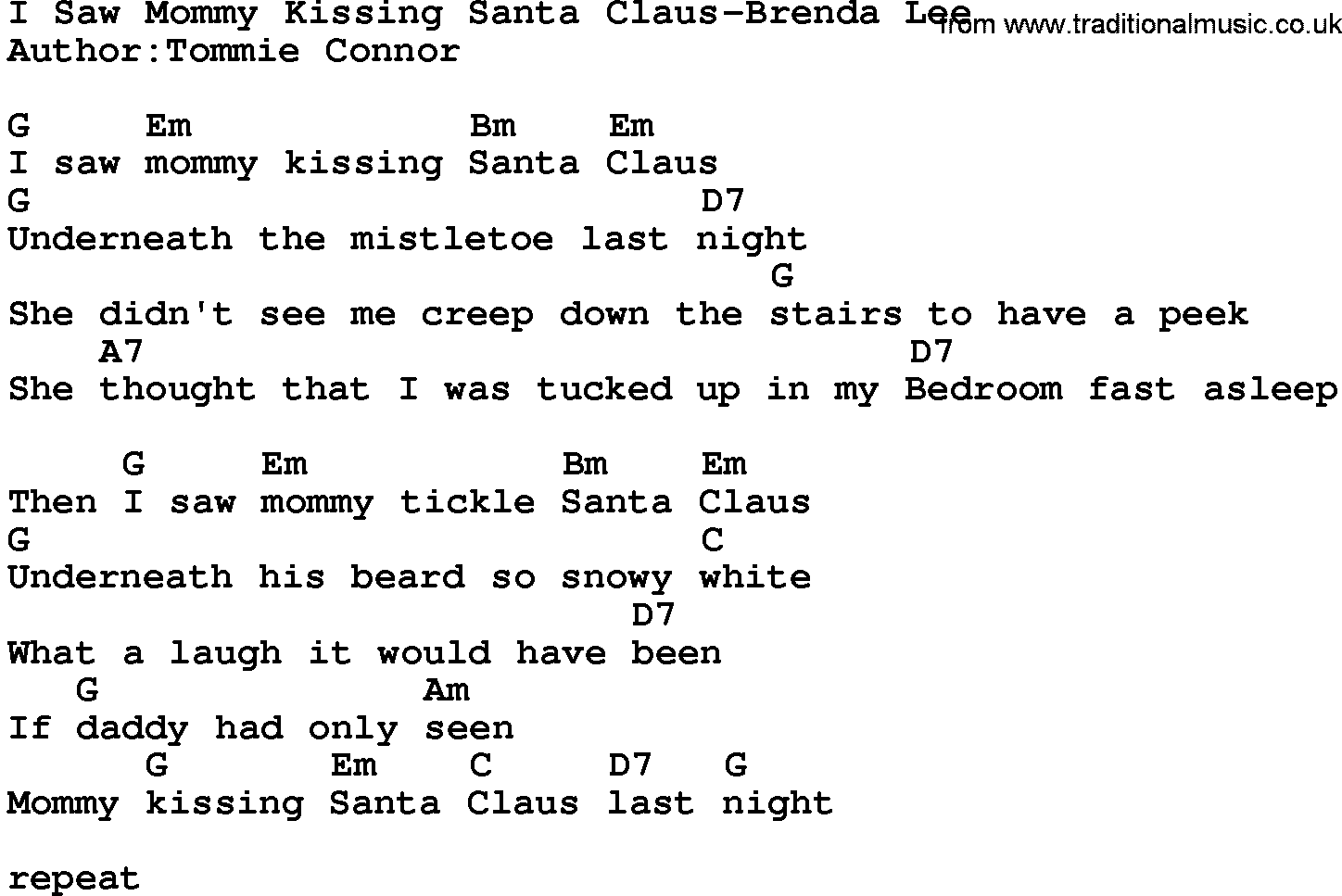 Country music song: I Saw Mommy Kissing Santa Claus-Brenda Lee lyrics and chords