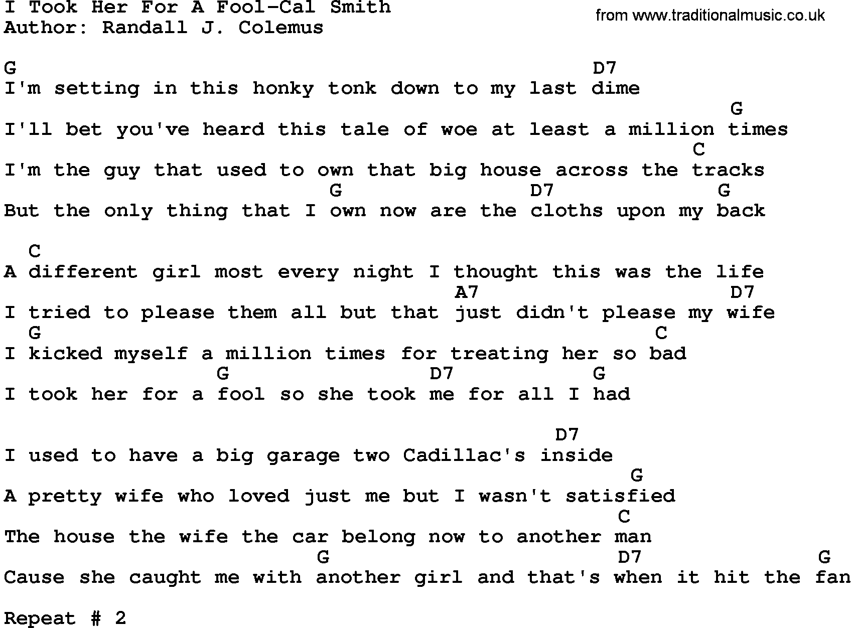Country music song: I Took Her For A Fool-Cal Smith lyrics and chords