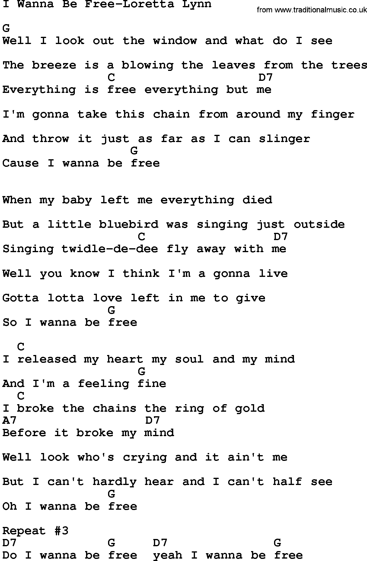 Country music song: I Wanna Be Free-Loretta Lynn lyrics and chords