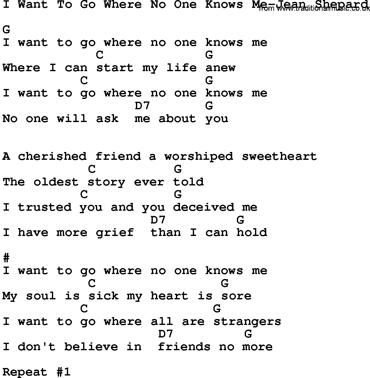 Country music song: I Want To Go Where No One Knows Me-Jean Shepard lyrics and chords