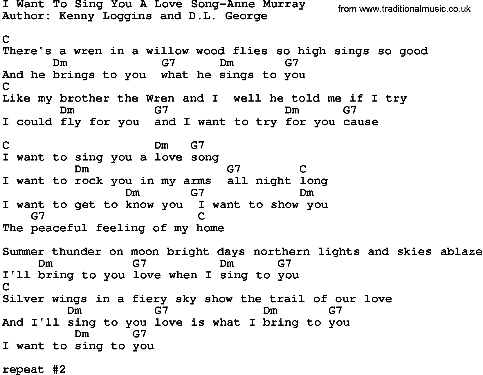 Country music song: I Want To Sing You A Love Song-Anne Murray lyrics and chords