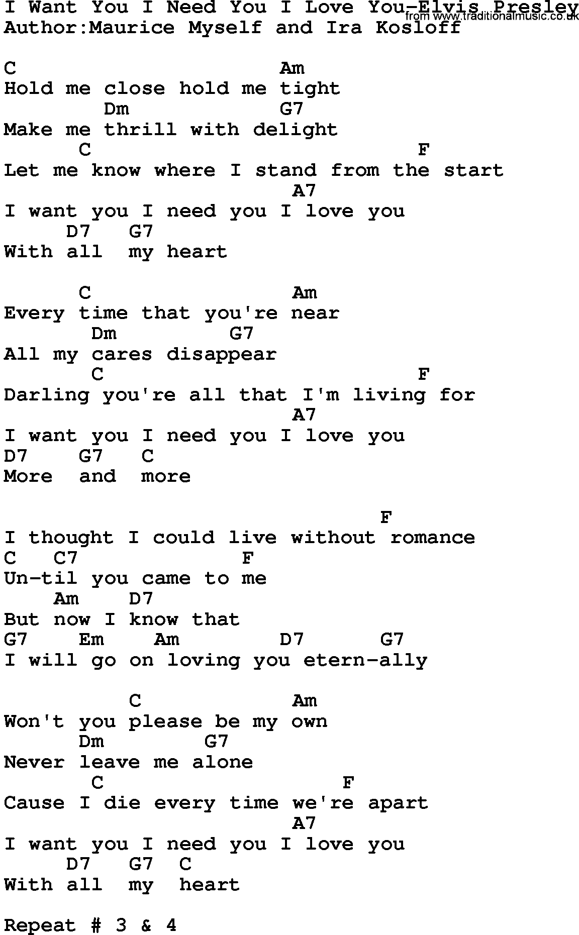 Country music song: I Want You I Need You I Love You-Elvis Presley lyrics and chords