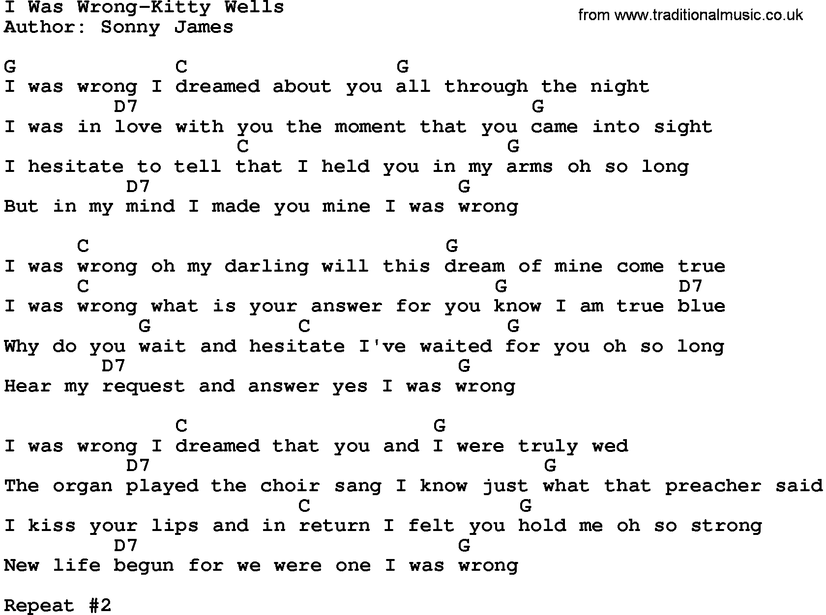 Country music song: I Was Wrong-Kitty Wells lyrics and chords